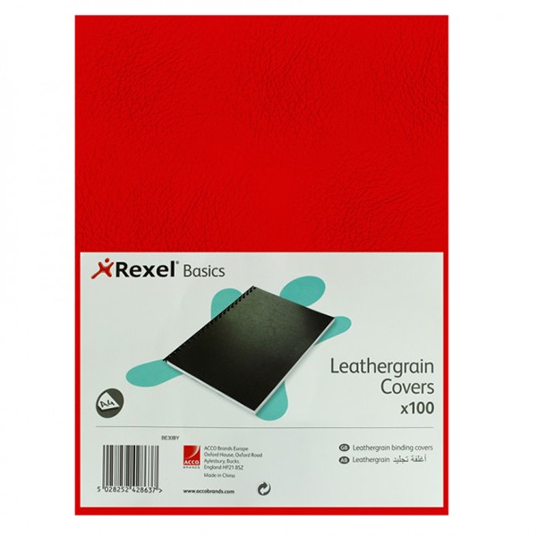 Rexel 2104097 Basic Leather Grain Cover A4 - Red (pkt/100pcs)
